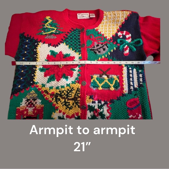 Christmas Hand Knitted Cardigan Sz Med. Red With Christmas Items Embroidered on - Picture 5 of 10